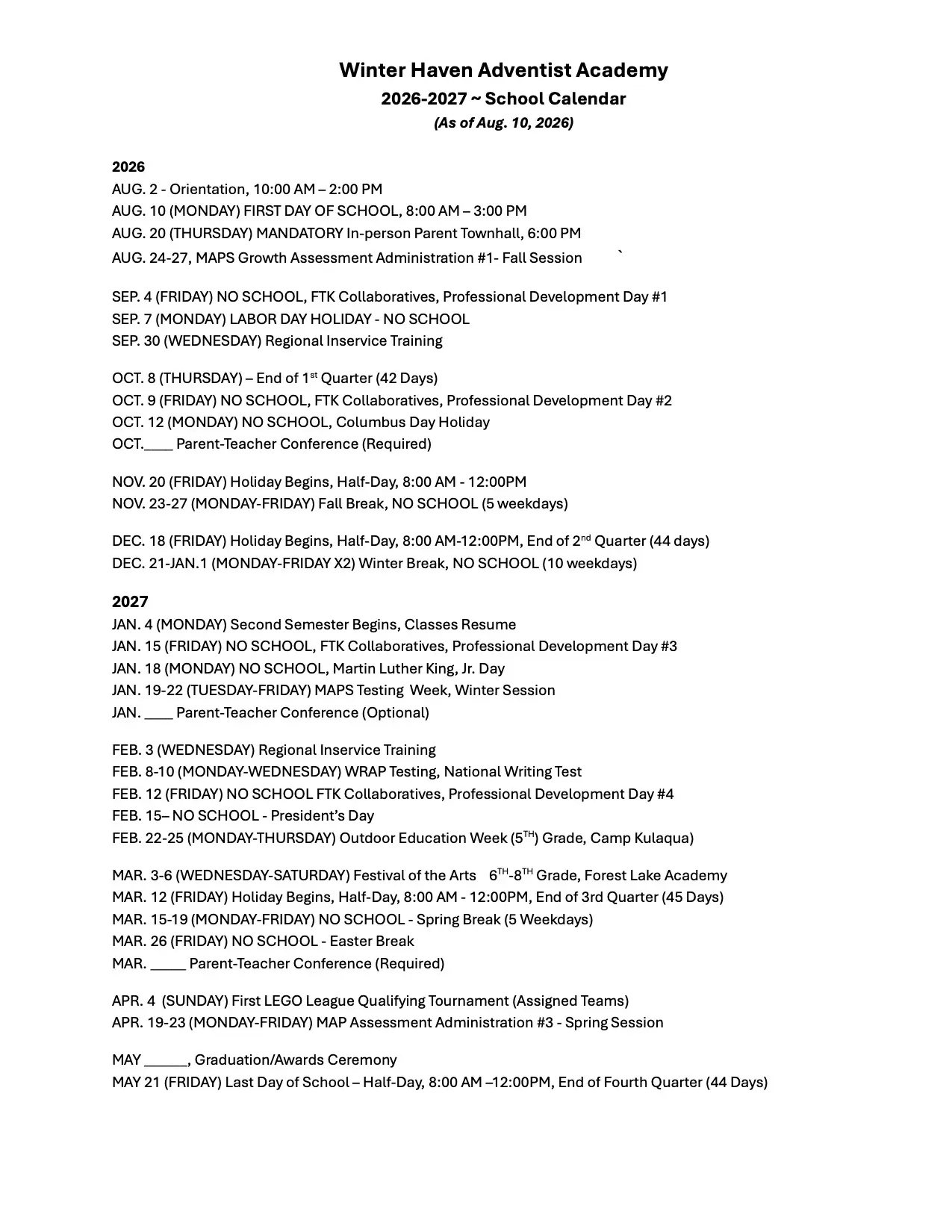 Winter Haven Adventist Academy 2026-2027 school calendar as of Aug. 10, 2026.